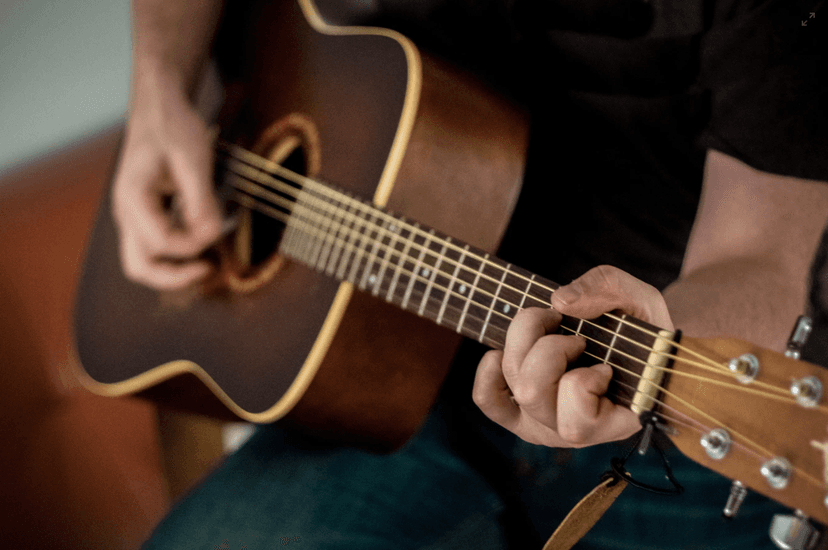 Guitar with two hands in playing position